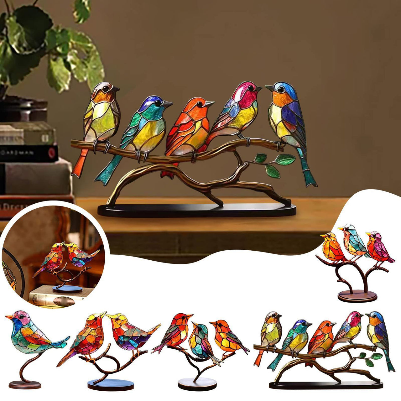 Stained Birds On Branch Decor